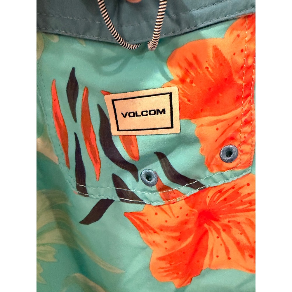 Volcom Boys Teal Orange Hibiscus Floral Board Shorts Swim Trunks Size S 8 10 - Picture 6 of 8